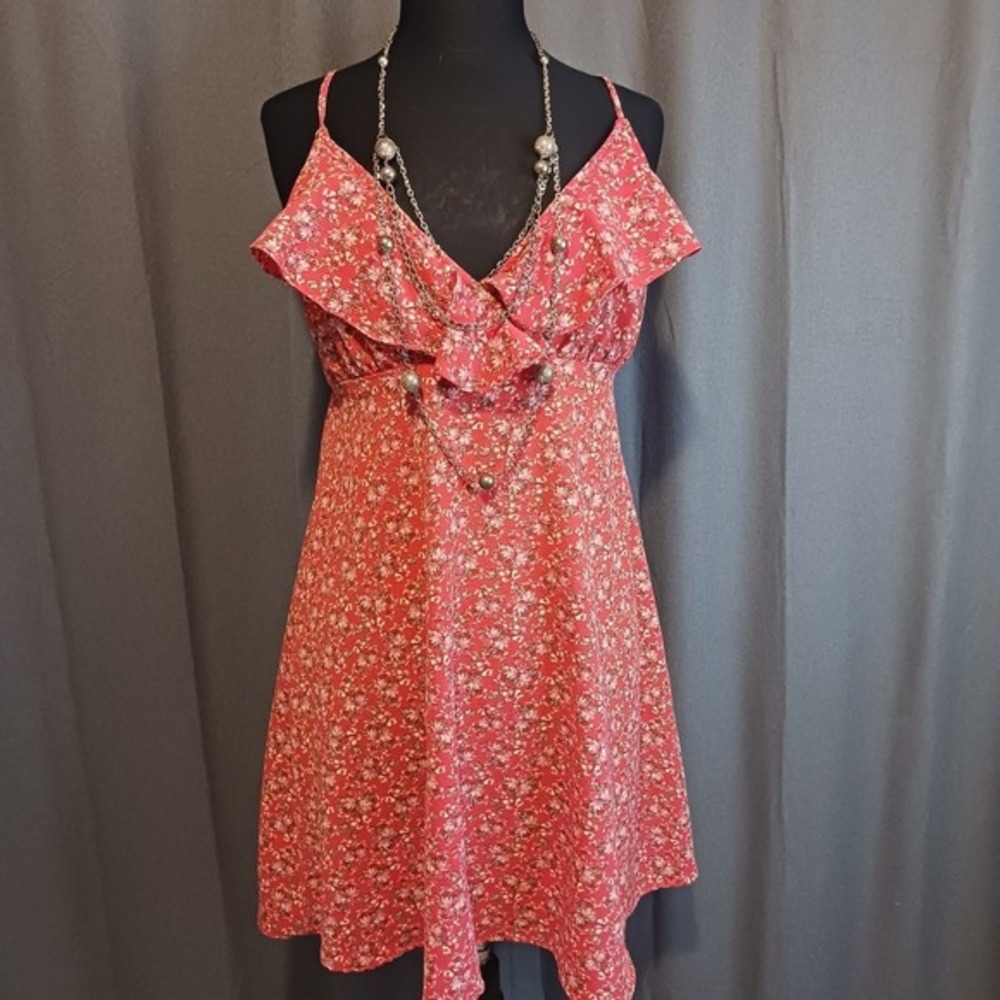 Paper Doll Cottagecore XL‎ Coral Red  Floral Ruffle V-Neck Mini Dress